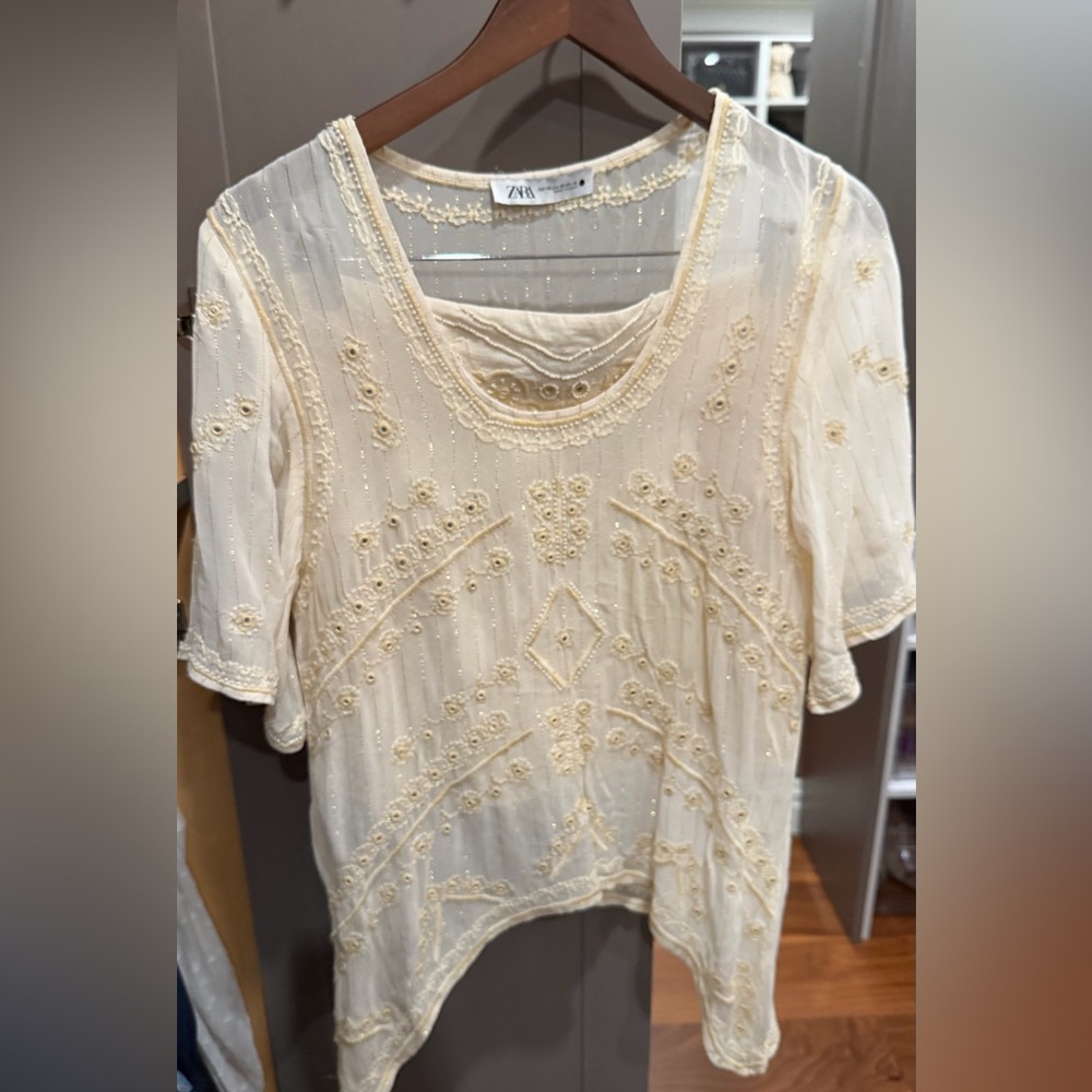 Zara Cream Embroidered Blouse and skirt
